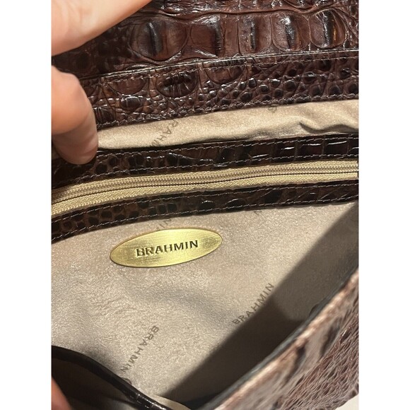 BRAHMIN Purse Croc Embossed Leather Shoulder Handbag Brown Green Chain Turn Lock - Picture 8 of 16